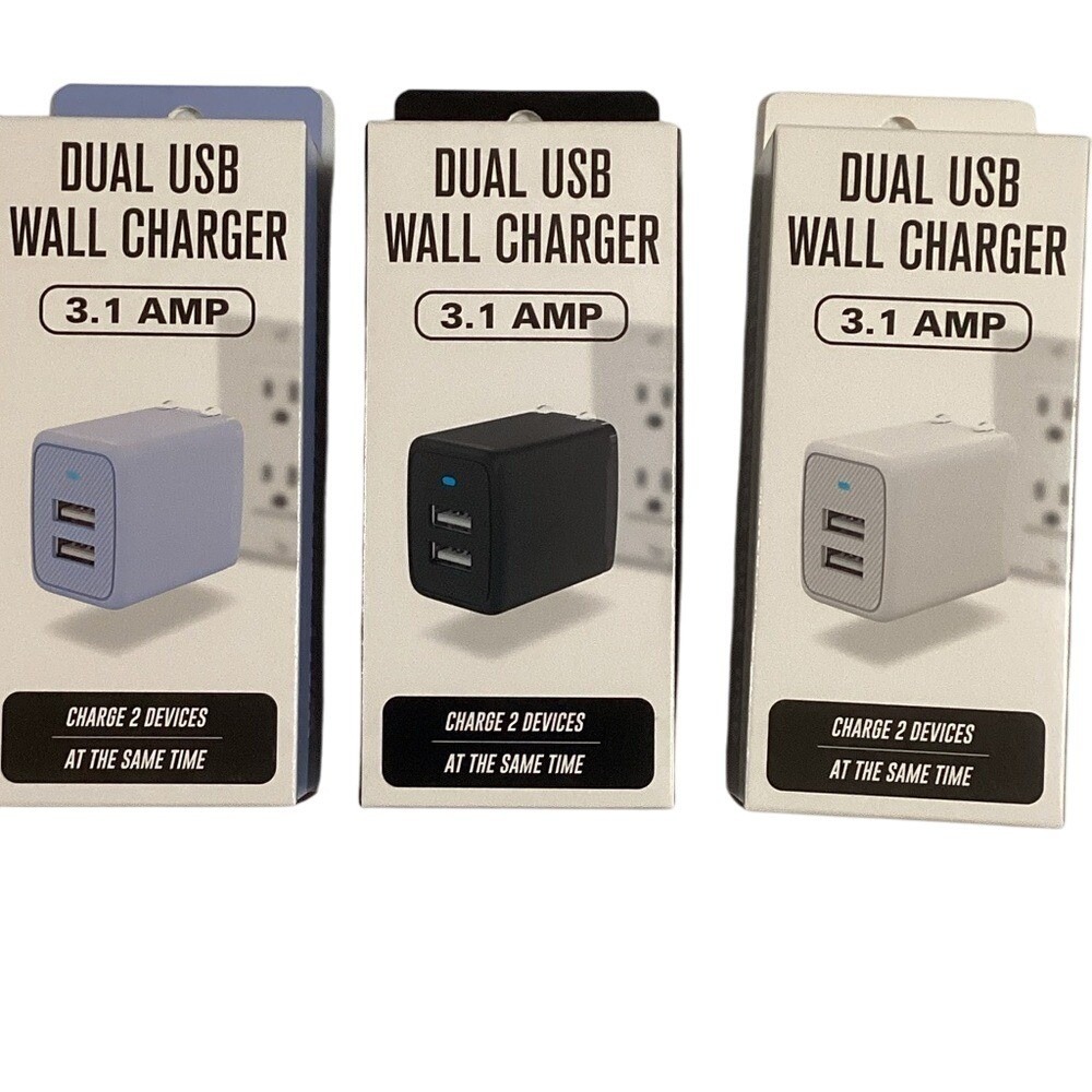Dual USB‎ Wall Charger 3.1 AMP - Black, White, Blue (set of 3)